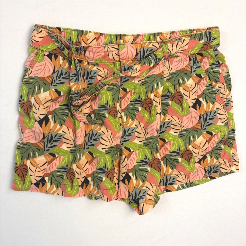 LOFT Tropical Leaf Print Lyocell Belted Shorts Green Peach‎ Large Boho Preppy